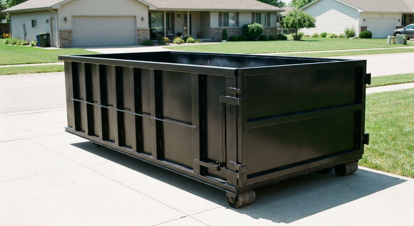 Matte-black 10-yard roll-off dumpster on a residential concrete driveway in San Leandro, uniformly painted matte black across every panel and rail, ribbed steel sidewalls and rear swing door visible, mid-day daylight.