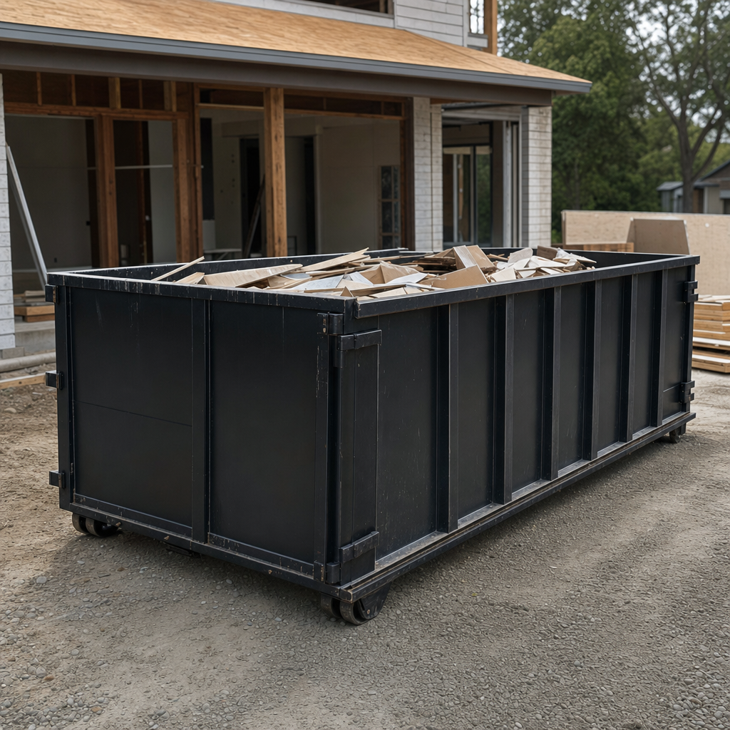Large matte-black 30-yard construction roll-off dumpster at an active San Leandro jobsite, steel-gray top rails and bottom rollers visible, loaded with construction debris.