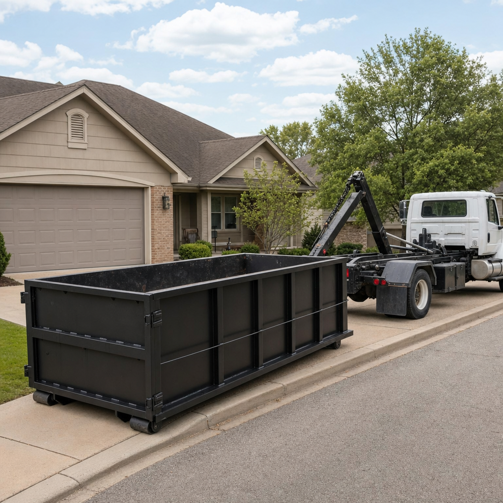 Wide documentary shot of a matte-black roll-off dumpster on a San Leandro residential driveway in the foreground and a contractor jobsite container in the soft-focus background, bright daylight, calm and orderly composition.