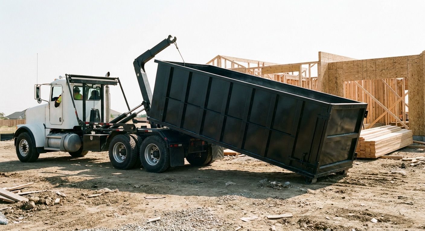 Matte-black roll-off dumpster being delivered onto a clean residential concrete driveway in San Leandro by an unmarked white hooklift hauler truck, bright morning daylight, documentary 35mm perspective.